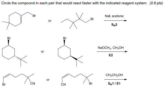 Circle the compound in each pair that would react faster with the indicated reagent system. (0.6 pts) Nal, acetone SN2 NaOCH3