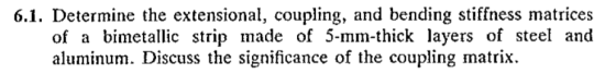 6.1. Determine the extensional, coupling, and bending stiffness matrices of a bimetallic strip made of 5-mm-thick layers of s