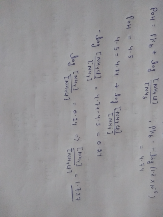 PoH = Pkb + log TNHH U] ipko - log (1:8 x16s) INH3 4.74 = 4.5 POH 4.5 = 4.74 + log EN HY Q] Inni -log [NHYU] TNHY = 4.74-4.5