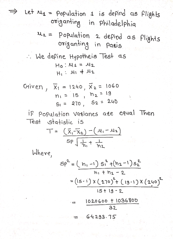 Let ㅻ ts origanting in Philadelphia 1 - Population is defind as Pligh u= Population 2 depind as flights oviganting in Pasis . We define Hypotheis Test as Ho :A4 = 시2 CHİven , X-1240, X2-1060 ip Population va飞lanes ate equal Then Test Statistic is Where St 19-2 102.0600 t 103680ס 32