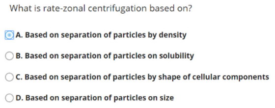 What is rate-zonal centrifugation based on? O A. Based on separation of particles by density O B. Based on separation of part