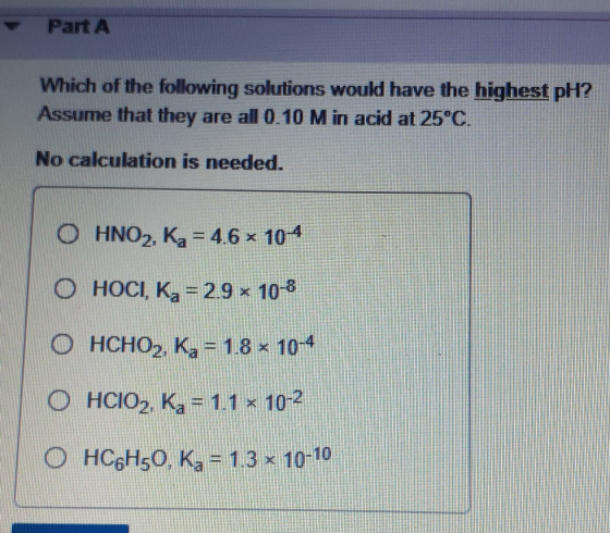 Part A Which of the following solutions would have the highest pH? Assume that they are all 0.10 Min acid at 25°C. No calcula