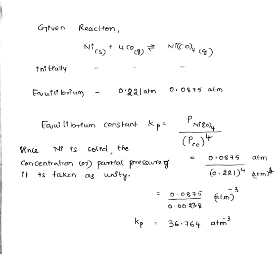 Gfven Reacltem C S ให้ tPally o.2ałatm 0.0915 atm ta u3[tDHum Constant kp- Tiu 4 (Peo) Rnce N t selrd the Con centrahon pattal pre sure L+ 3 0.0875 P 36 64 atm