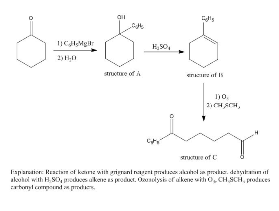 ОН CsHs CоНs 1) CHMgBr H2SO4 2) H20 structure ofA structure of B 1) O 2) CH3SCH н CgH5 structure of C Explanation: Reaction o