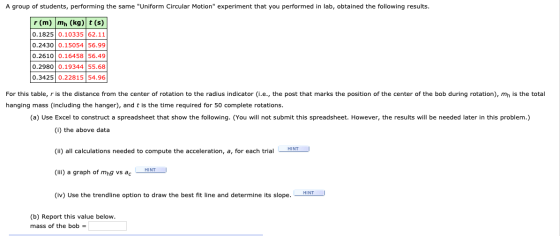 A group of students, performing the same Uniform Circular Motion experiment that you performed in lab, obtained the followi
