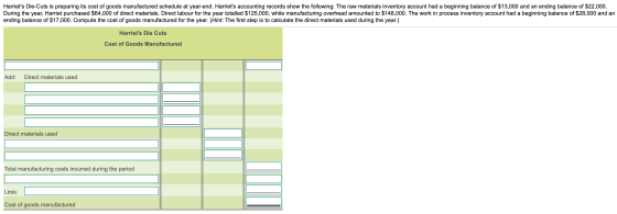 Harriets Die-Cuts is preparing its cost of goods manufactured schedule at year-end. Harriets accounting records show the fo