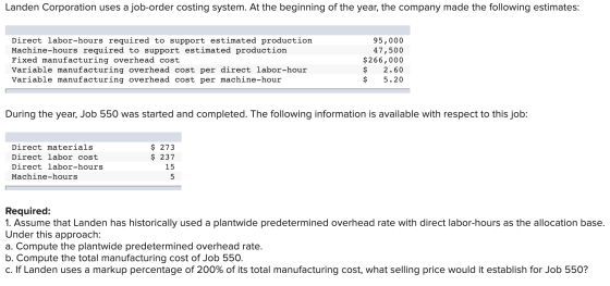 Landen Corporation uses a job-order costing system. At the beginning of the year, the company made the following estimates: D