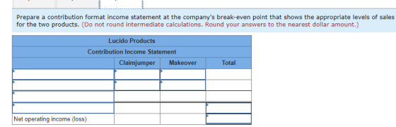 Prepare a contribution format income statement at the companys break-even point that shows the appropriate levels of sales f