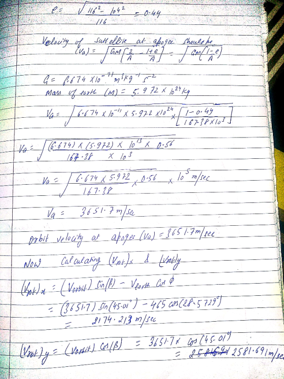 e / 116² 1042 -0.44 Velocity of saltellite at apogee should be - Eva) = Lampe Hej - Jamfice) Q = 2.674 X10 m kg + 2 mas