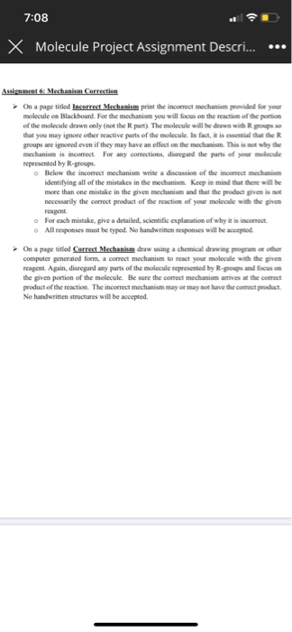 7:08 Molecule Project Assignment Descr... Assigament 6: Mechanism Correction On a page ticled Incorrest Mechanism print the i