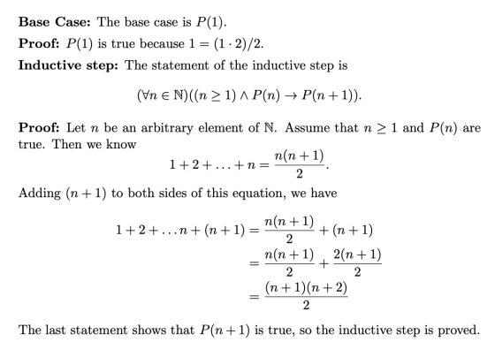 Base Case: The base case is P(1). Proof: P(1) is true because 1 = (1 : 2)/2. Inductive step: The statement of the inductive s