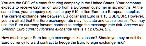 You are the CFO of a manufacturing company in the United States. Your company expects to receive €20 million Euro from a Euro