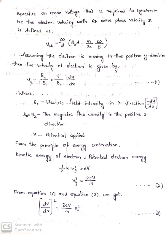 Specifies an anode voltage that is required to synchron- Ize the electron Velocity with RF wave phase velocity. It is defined