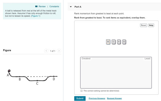 11 Review | Constants Part A A ball is released from rest at the left of the metal track shown here. Assume it has only enough friction to roll but not to lessen its speed. (Figure 1) Rank momentum from greatest to least at each point. Rank from greatest to least. To rank items as equivalent, overlap them Reset Help Figure 1 of 1 Greatest Least The correct ranking cannot be determined. Submit Request Answer