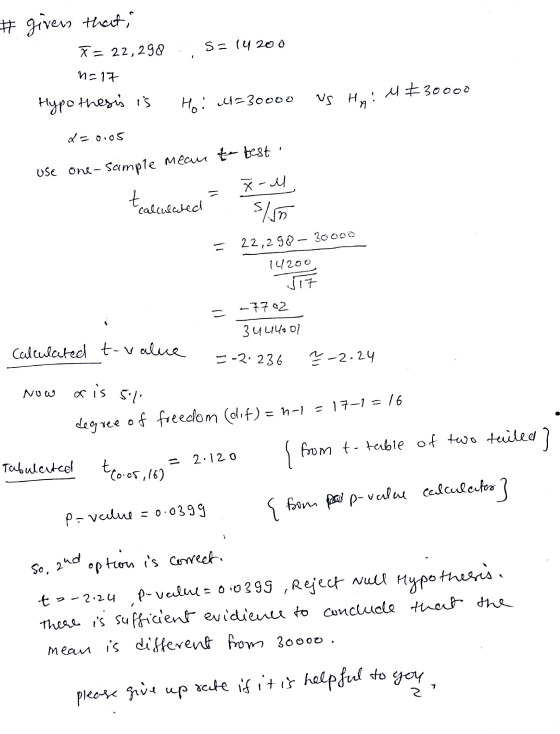 # givers that, F = 22,298 58 14 20 0 n=17 Hypothesis is Hoi 1=30000 us Hoi M £30000 daoios t test: Use One-Sample meau talub