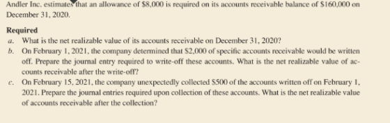 Andler Inc. estimates that an allowance of $8,000 is required on its accounts receivable balance of $160,000 on December 31,