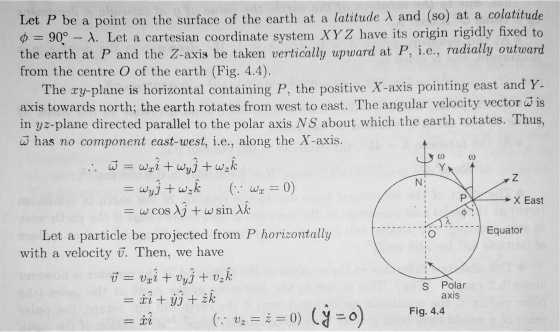 3> Let P be a point on the surface of the earth at a latitude 1 and (so) at a colatitude o = 90° - 1. Let a cartesian coordin
