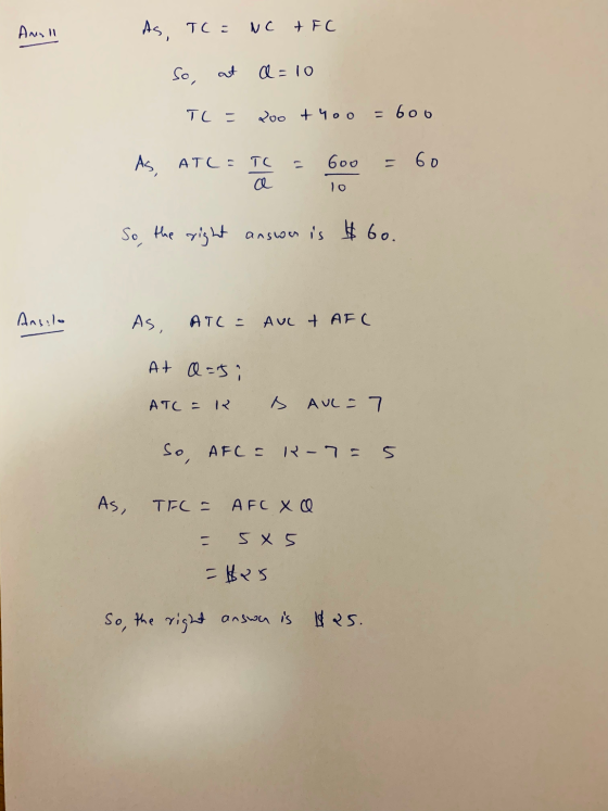 Anull As, TCE NC + FC So, at a=10 TL = poo +400 = 600 As, ATC= - TC a 600 = 60 lo So, the right answaas is $60. Ansilo As, AT