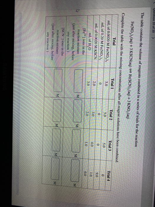 Question 10 of 10 > The table contains the volume of reagents combined in a series of trials for the reaction Acton Fe(NO3),