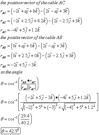 the positionvector of the cable AC TAC - (-2i+2.5j+4.2k)-(27-2.5j+3) the positinvector of the cable AB AB2 +57-3 so the angle -22 +52 + (-3)2 × |(-4)2 +52 +1.22 29.4 40.2 e-42.9o
