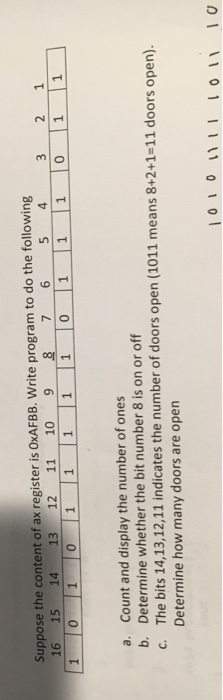 Suppose the content of ax register is OxAFBB. Write program to do the following 16 15 14 13 12 11 10 987 6 5 4 3 2 1 1 1 0 0 a. Count and display the number of ones b. Determine whether the bit number 8 is on or off c. The bits 14,13,12,11 indicates the number of doors open (1011 means 8+2+1-11 doors open). Determine how many doors are open 01 0