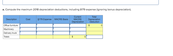 a. Compute the maximum 2018 depreciation deductions, including S179 expense (ignoring bonus depreciation) Total Depreciation