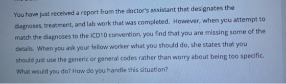 You have just received a report from the doctors assistant that designates the diagnoses, treatment, and lab work that was c