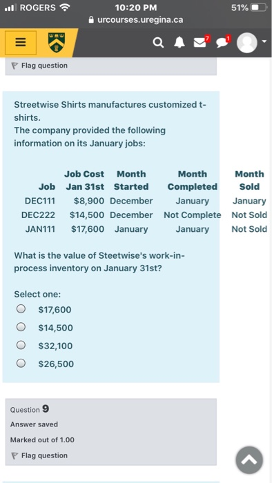 .. ROGERS 51% 10:20 PM urcourses.uregina.ca P Flag question Streetwise Shirts manufactures customized t- shirts. The company