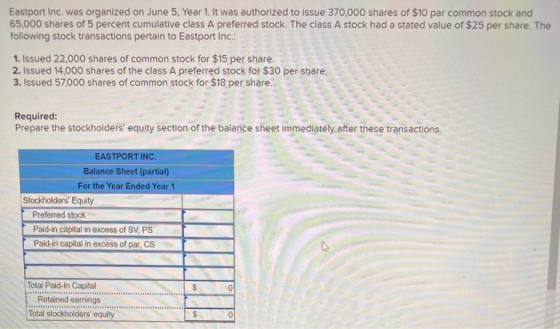 Eastport Inc. was organized on June 5, Year 1. It was authorized to issue 370,000 shares of $10 par common stock and 65,000 s