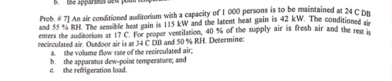 b. the apparatus detw p cp Prob #7] An air conditioned auditorium with a capacity of 1 000 persons is to be maintained at 24