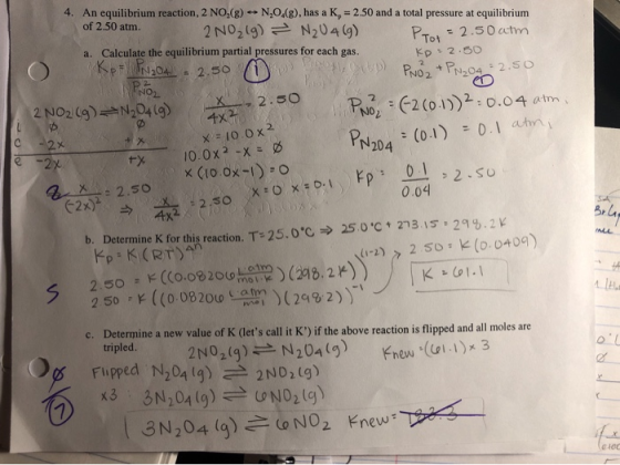 4. An equilibrium reaction, 2 NO.(g) NO.(g), has a K, = 2.50 and a total pressure at equilibrium of 2.50 atm. 2 N0219) = N204