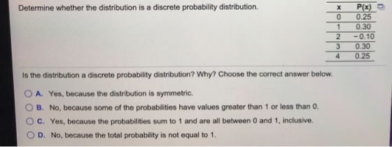 Determine whether the distribution is a discrete probability distribution. Oo 0.30 2 3 4 -0.10 0.30 0.25 Is the distribution