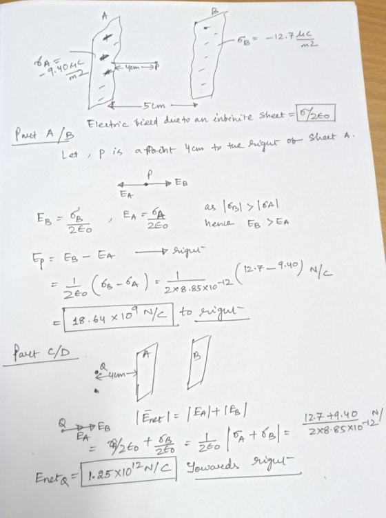 = -12.7 uc YouP 9.404C 5m - Pauet A/B no Electric biced due to an infinite Sheet = 8/200 Let , p is affocht you to the right