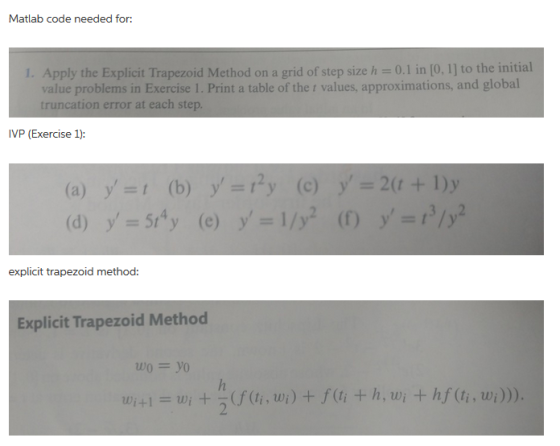 Matlab code needed for: 1. Apply the Explicit Trapezoid Method on a grid of step size h = 0.1 in [0, 1] to the initial value