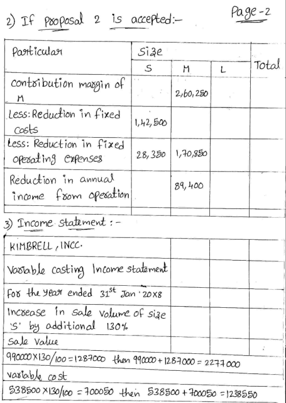 2) If proposal 2 is accepted:- Page 2 . Particular Size S L Total contribution margin of 2,60,280 Less: Reduction in fixed 11