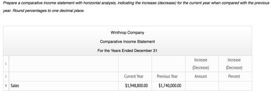 Prepare a comparative income statement with horizontal analysis, indicating the increase (decrease) for the current year when