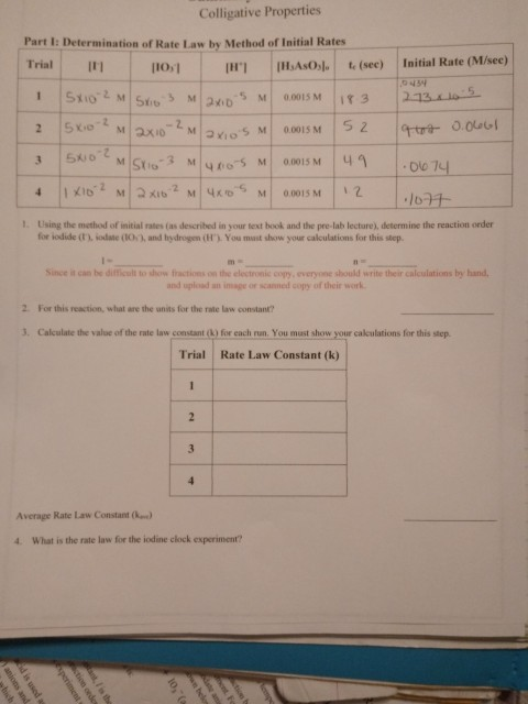 MY S M Colligative Properties Part 1: Determination of Rate Law by Method of Initial Rates Trial 10.1 TH HASOs. te (see) Ini