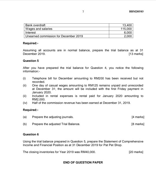 7 BBM205/03 Bank overdraft 13,400 Wages and salaries 115,000 Interest 6,000 Unearned commission for December 2019 2.000 Requi