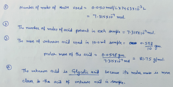 vsed 0.050mol/ Lx 1463%163L 7.31SK10 mol. Number moles ef NaoH The number of moles of acid preent in esch anble 7.315x1mol. T