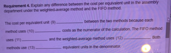 Requirement 4. Explain any difference between the cost per equivalent unit in the assembly department under the weighted aver