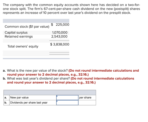 The company with the common equity accounts shown here has decided on a two-for- one stock split. The firms 67-cent-per-shar