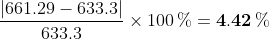 \frac{\left |661.29-633.3 \right | }{633.3}\times 100\, \%=\mathbf{4.42\, \%}