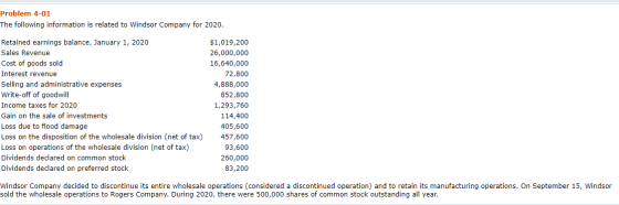 Problem 4-01 The following information is related to Windsor Company for 2020. Retained earnings balance, January 1, 2020 Sal