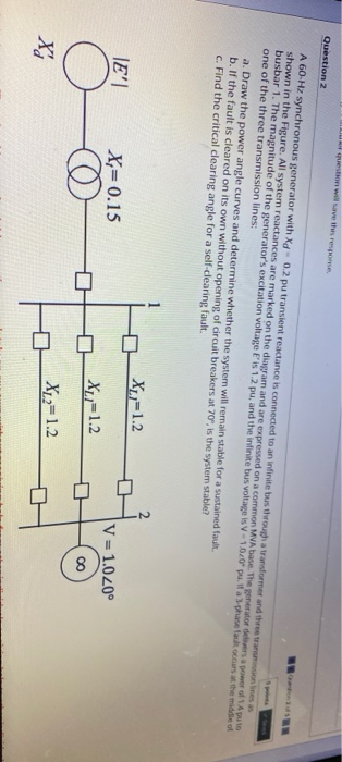Question 2 A 60 Hz synchronous generator with Xd 0.2 pu transient reactance is connected to an infinite us through a transfor