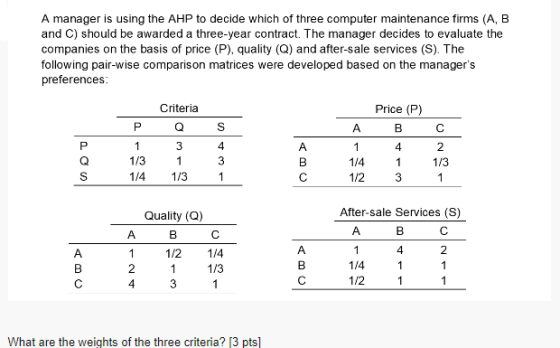 A manager is using the AHP to decide which of three computer maintenance firms (A, B and C) should be awarded a three-year contract. The manager decides to evaluate the companies on the basis of price (P), quality (Q) and after-sale services (S). The following pair-wise comparison matrices were developed based on the managers preferences Criteria Price (P) 4 2 1/3 1/3 1/4 1/3 1/4 1/23 Quality (Q) After-sale Services (S) 4 1/2 1/4 1/3 1/4 1/2 What are the weights of the three criteria? [3 pts