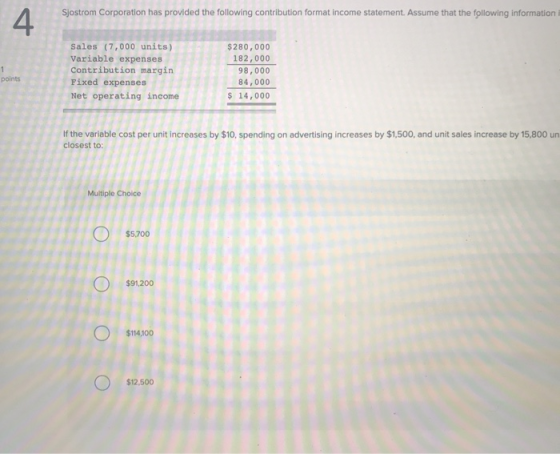Sjostrom Corporation has provided the following contribution format income statement. Assume that the following information i