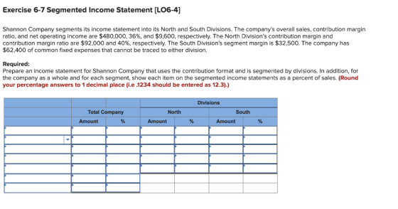 Exercise 6-7 Segmented Income Statement (LO6-4] Shannon Company segments its income statement into its North and South Divisi