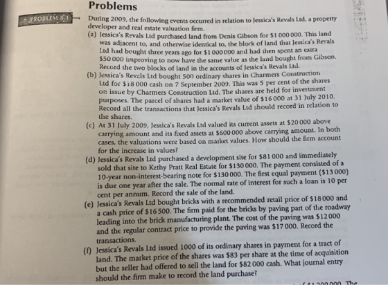 PROBLEM 8.1 Problems During 2009, the following events occurred in relation to Jessicas Revals Ltd, a property developer and