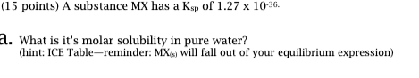 (15 points) A substance MX has a Ksp of 1.27 x 10-36. a. What is its molar solubility in pure water? (hint: ICE Table-remind