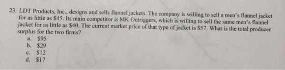 23. LDT Products, Inc., designs and sells flannel jackets. The company is willing to sell a mens flannel jacket for as littl